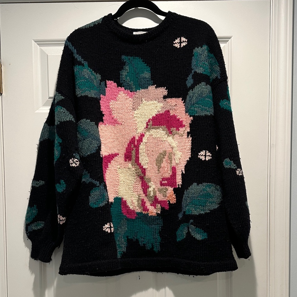 Roberta Frost Floral Wool Sweater Black with Rose Design XL Eclectic Grandma